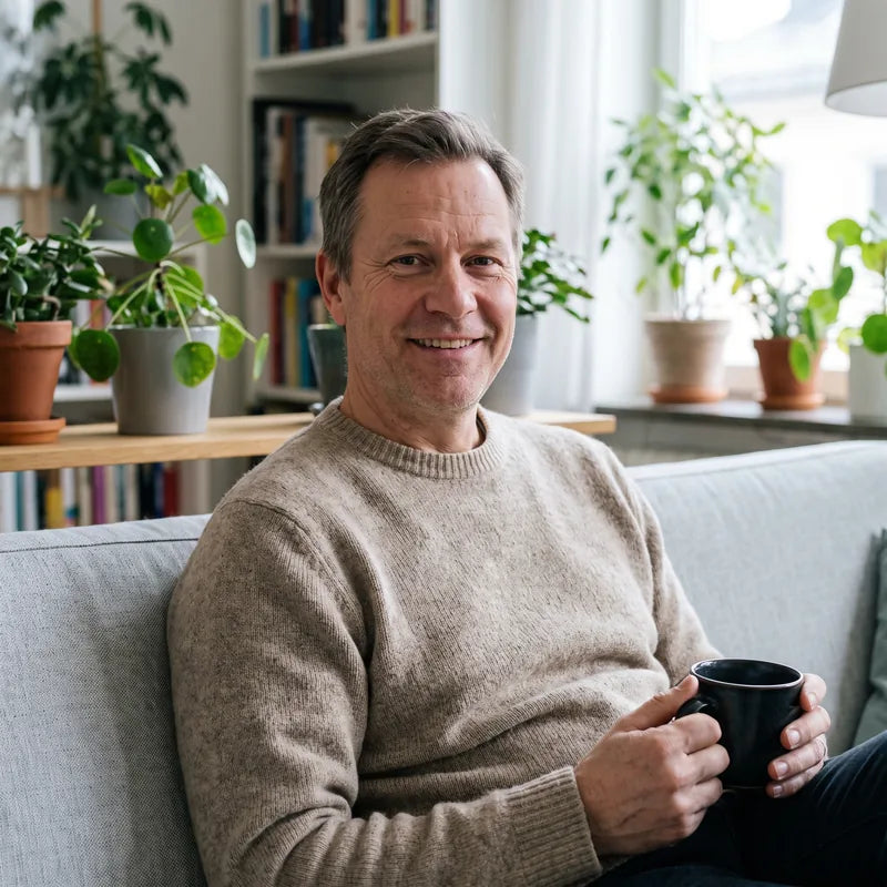 Leende man i 50-årsåldern i soffan med en kopp kaffe