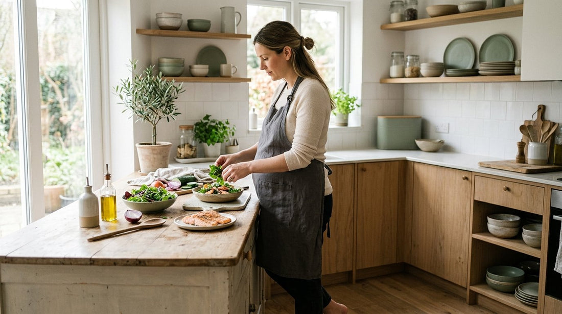 Gravid kvinna tillagar laxsallad i ljust skandinaviskt kök