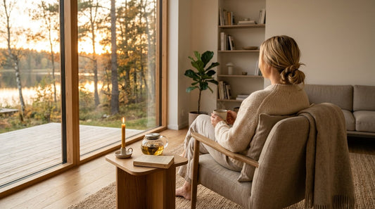 Person vilar i en fåtölj vid ett fönster med en kopp te – lugn och återhämtning