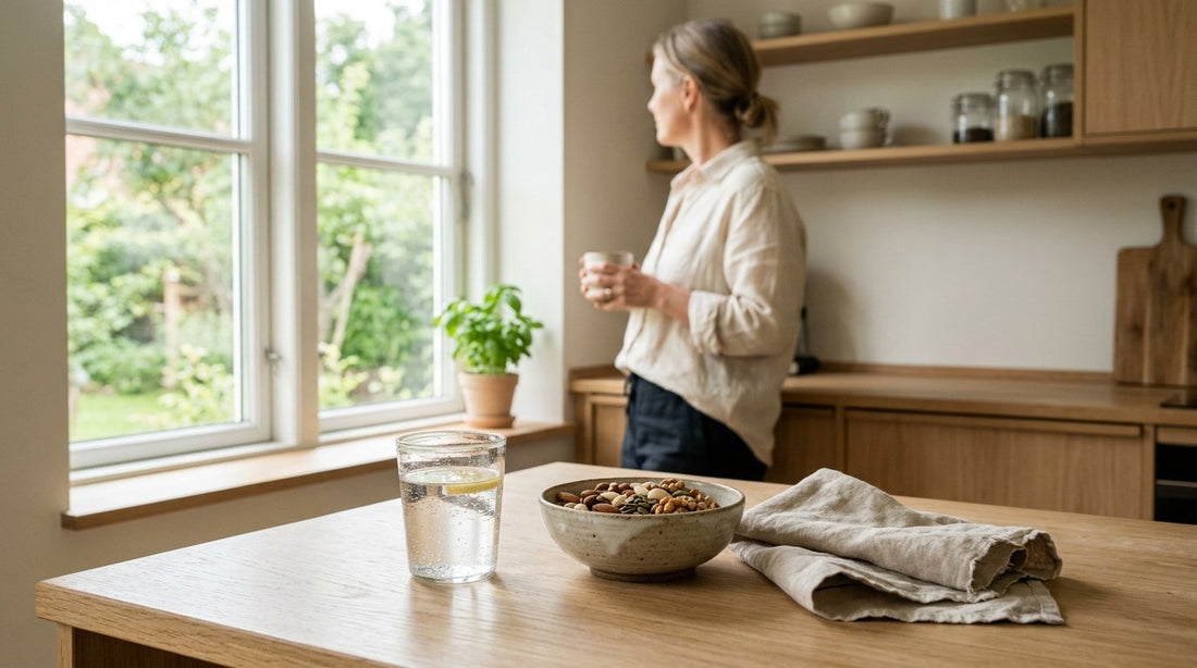 Ljust kök med vattenglas, nötter och frön i morgonljus som illustrerar sunda vanor