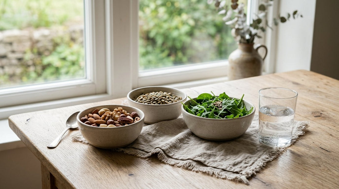 Ljust träbord med skålar av nötter, frön och grönsaker som ger magnesium, kalcium och zink.