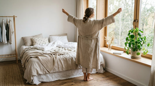 Kvinna sträcker på sig vid ett fönster i ett ljust sovrum – morgon och återhämtning