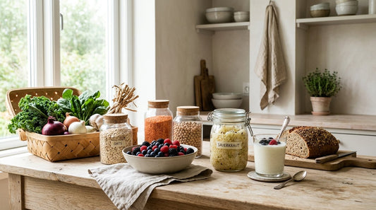 Köksbänk med fiberrik mat, baljväxter, havre, grönsaker och surkål för en frisk tarmflora