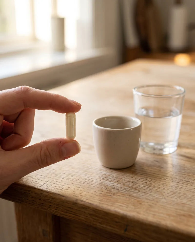 En kapsel Vitanord Magnesium mellan två fingrar, storlek 00