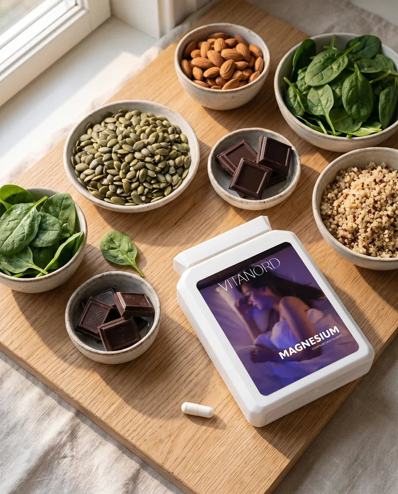 Pumpafrön, mandlar, spenat, quinoa och mörk choklad