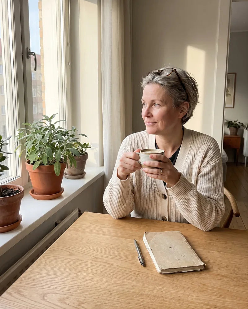 Kvinna med en kopp kaffe vid köksfönstret en morgon