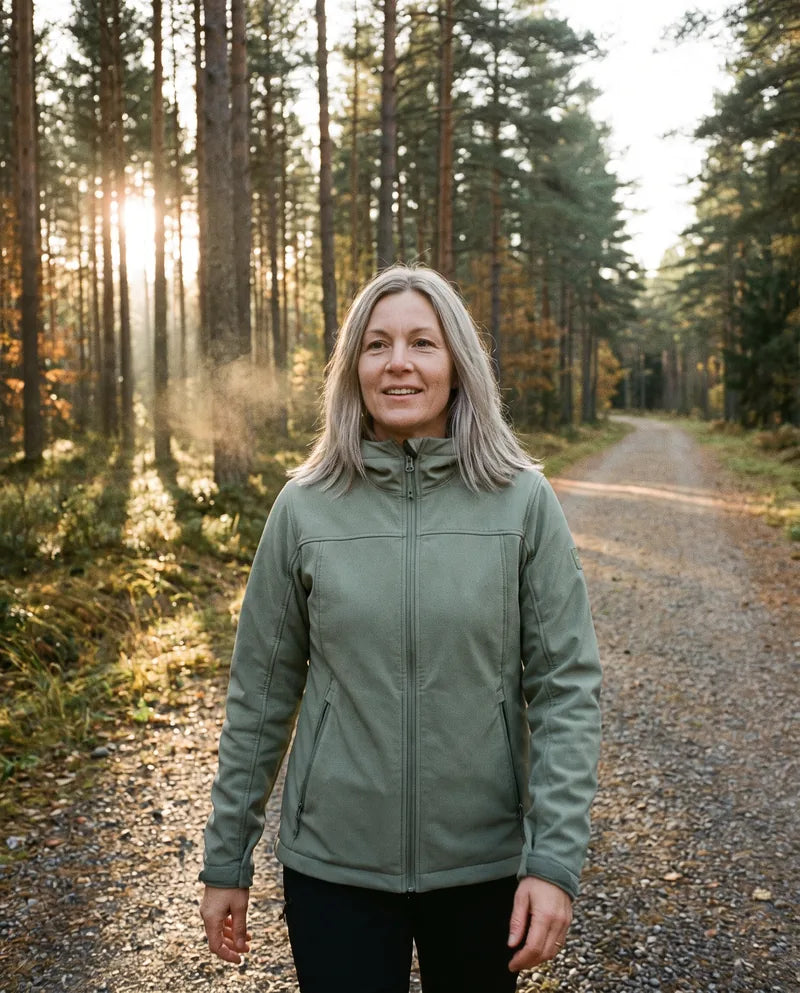 Kvinna på en morgonpromenad i en svensk tallskog