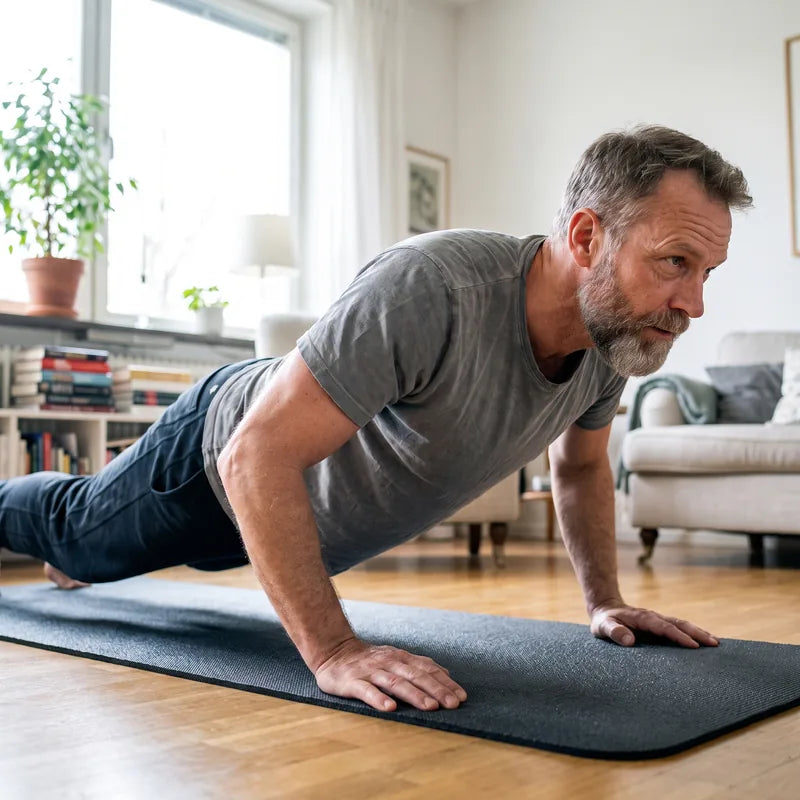 Man gör armhävningar på en träningsmatta hemma