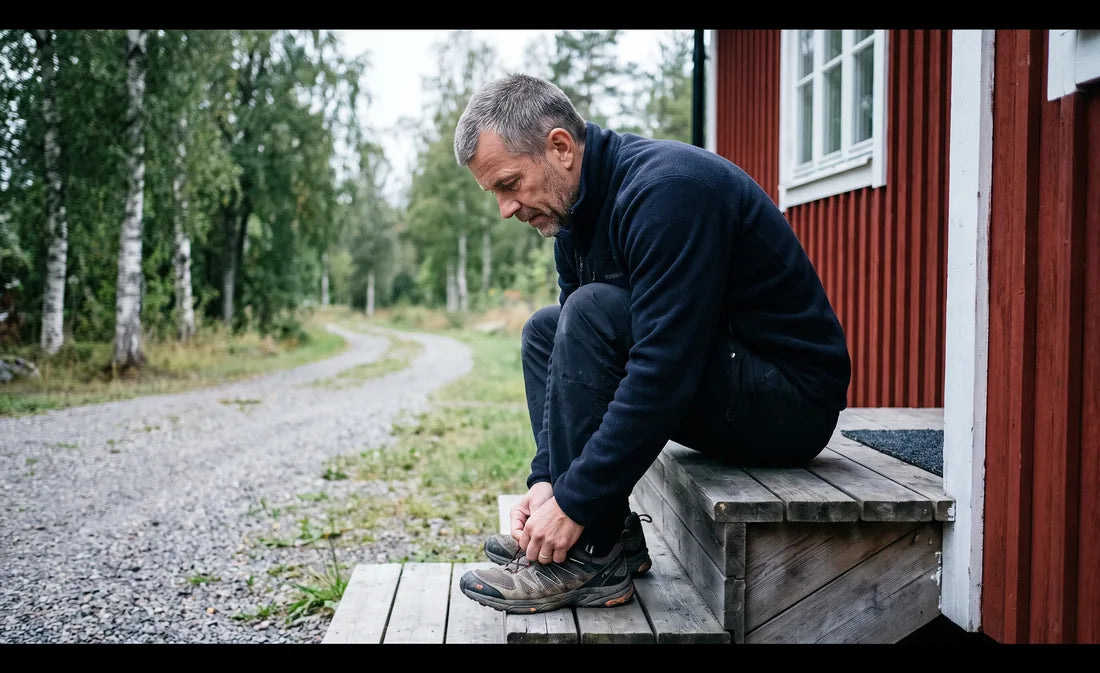 Man i 50-årsåldern knyter sina löparskor på trappan utanför huset