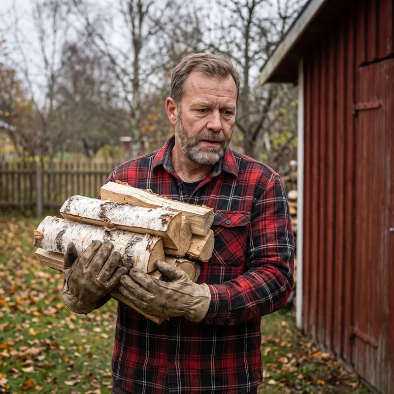 Man i 50-årsåldern bär ved genom trädgården